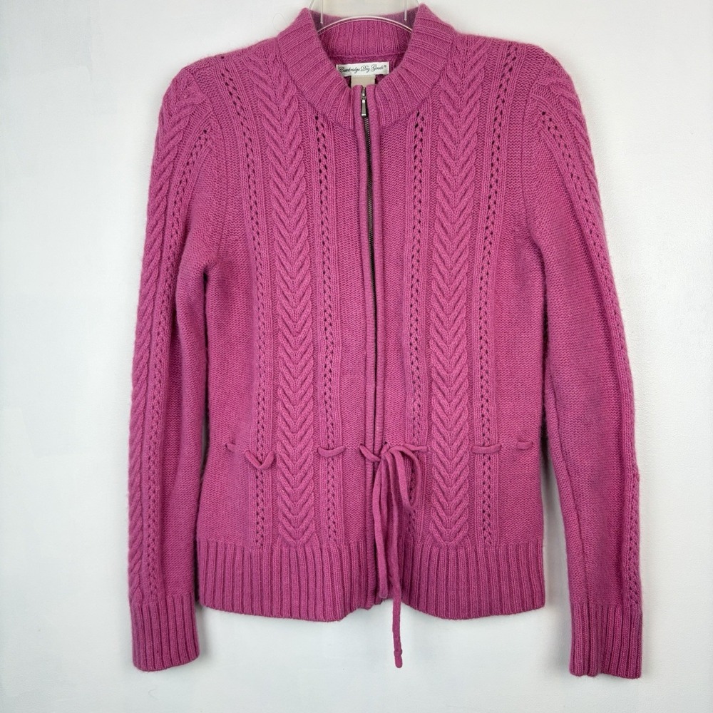 Wool Angora Cardigan Sweater Womens Large Pink Cinch Waist Fuzzy Zip Cable Knit